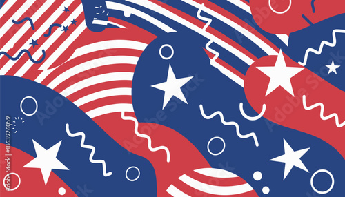 Illustration American Single Pattern, Stars And Stripes Geometric playful stars and wavy stripes 
