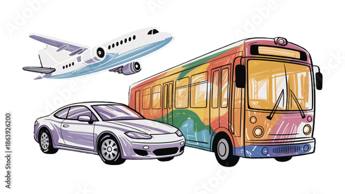 Transportation Trio: Featuring an airplane, car, and bus. Representing modern transport