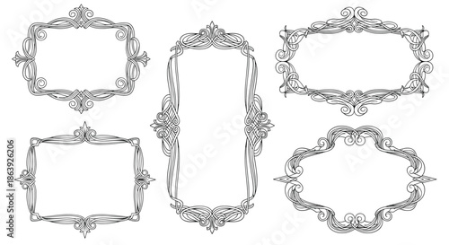 Collection of six intricate vintage style frames with ornate flourishes and decorative borders is shown in a clean black line art style.