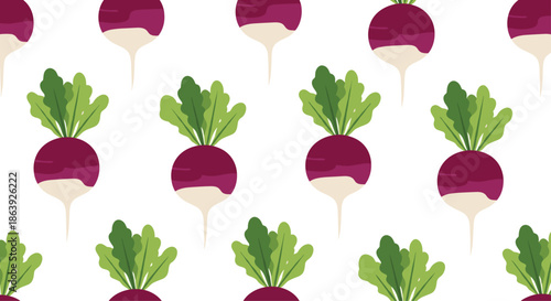 Seamless pattern displays plump purple radishes with fresh green leaves on a white background creating a vibrant and healthy vegetable theme.