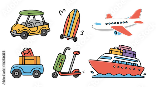 Travel Transportation Icons: A vibrant collection of transportation icons, each representing a mode of travel and exploration: a golf cart, a surfboard, an airplane, a car laden with luggage.