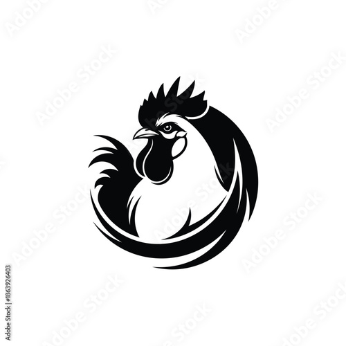 A striking black and white illustration depicting a rooster s head within a circular swirling design showcasing bold lines and