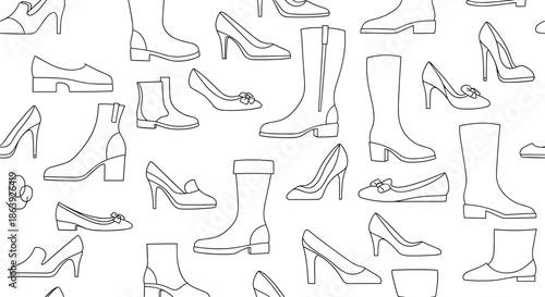 Seamless pattern featuring a wide variety of womens shoes and boots in black and white line art style for fashion and retail concepts.