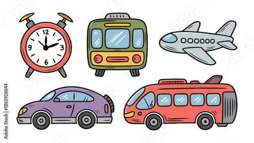 Transportation Icons Collection: A colorful and diverse collection of transportation icons including a classic alarm clock, vintage car, bus, airplane, and futuristic vehicle.