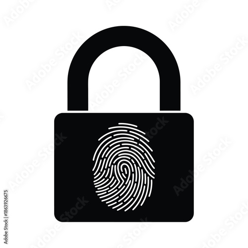 a sleek black padlock icon with a prominent fingerprint design integrated within the body is visually displayed high quality professional