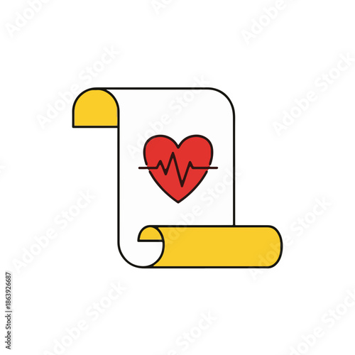 Detailed vector illustration of a medical record scroll icon with a red heart and EKG heartbeat line, symbolizing health, cardiology, and patient data.