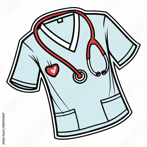 A cute cartoon illustration of a light blue medical scrub top with short sleeves, two front pockets, white trim on the V-neck, a red heart patch on the left chest, and a red stethoscope draped around 
