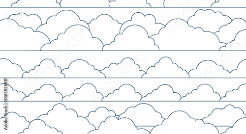 Minimalist pattern of simple hand drawn cloud outlines arranged in horizontal rows for sky and weather themed background designs.