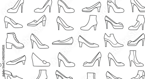 Comprehensive seamless pattern of various womens high heeled shoes and boots in black line art style for fashion retail background.