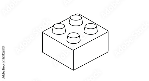 Single line drawing of a classic toy building brick with four studs in perspective view isolated on a white background for games.