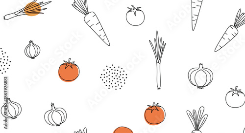 Healthy seamless pattern of outline drawn vegetables like carrots onions and tomatoes with orange color accents for kitchen decor.