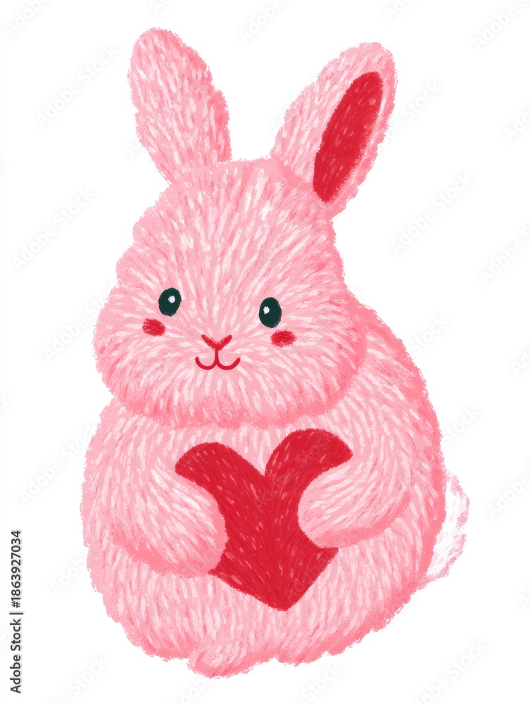 Obraz premium Cute pink bunny rabbit holding a red heart. Valentine's Day greeting card animal character. Sweet pet digital drawing for kids.