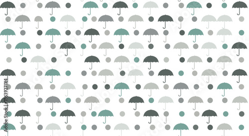 Sophisticated pattern of small umbrellas and dots in various shades of grey and muted green against a clean white background for rainy day.