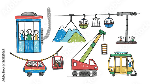 Hand-Drawn Sketches of Aerial Transport: Charming hand-drawn sketches of various forms of aerial transportation, including cable cars and cranes, creating a playful and illustrative aesthetic.
