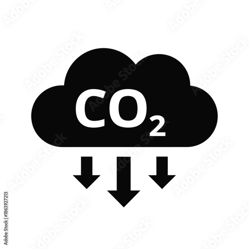 A simple black and white depiction of a cloud containing the chemical formula for carbon dioxide co2 with descending arrows