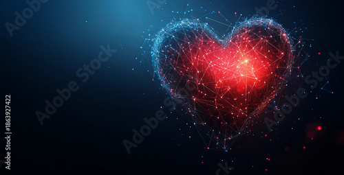 abstract polygonal heart shape with dots and lines on a dark blue background