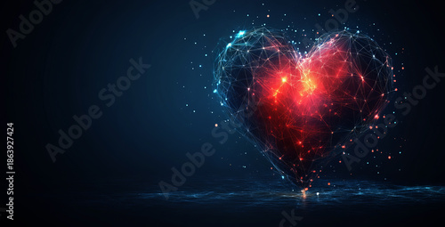 abstract polygonal heart shape with dots and lines on a dark blue background
