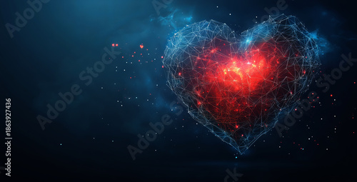 abstract polygonal heart shape with dots and lines on a dark blue background