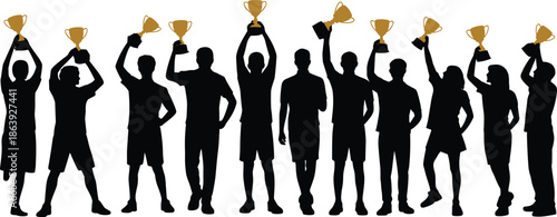 Winning team celebration silhouettes holding trophies, success achievement concept, championship victory, teamwork pride, group success, black white vector illustration