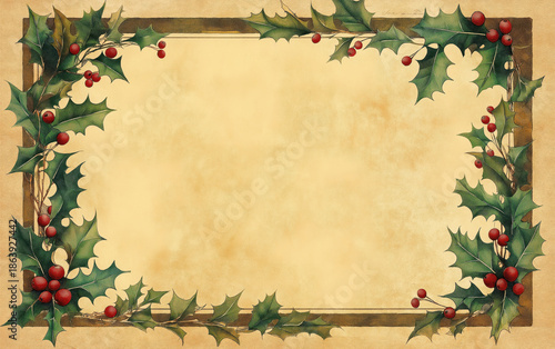 Wide Christmas holly frame with thin line border on parchment. Holiday background concept.