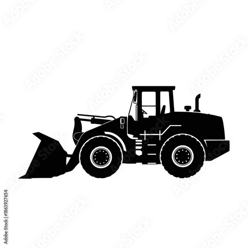 Silhouette of a front loader construction vehicle on a white background