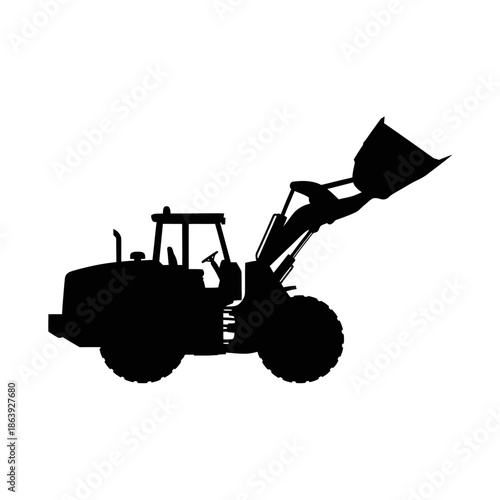 Black silhouette of a front loader tractor lifting its bucket on a white background