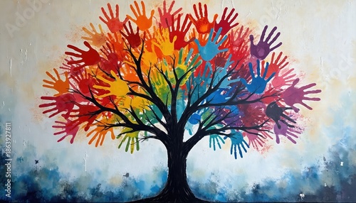 Colorful tree artwork made from handprints signifies global unity, diversity, and collaboration. Different colored hands form branches and leaves of a large tree against a white sky background.
