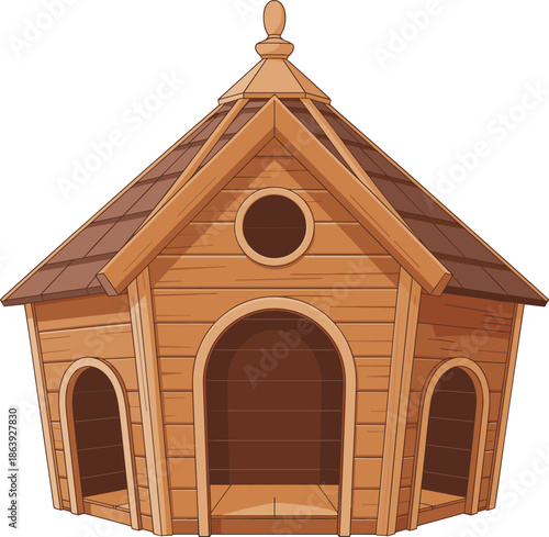 Wooden dog house illustration, cozy pet shelter with decorative roof and arched windows, isolated brown kennel design, outdoor animal home