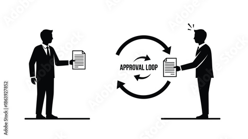 Businessmen figures exchanging documents illustrating a continuous workflow in an approval loop
