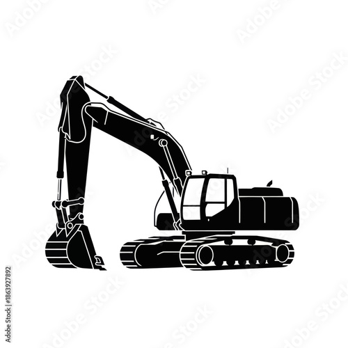 Black excavator silhouette on white background, heavy construction machinery icon