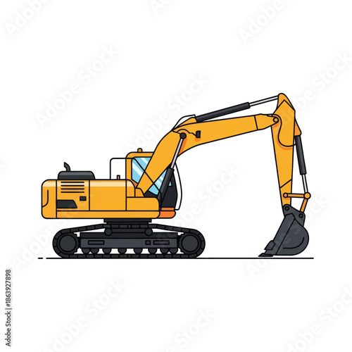 Yellow excavator on white background vector illustration, construction machine, heavy equipment, digging machine