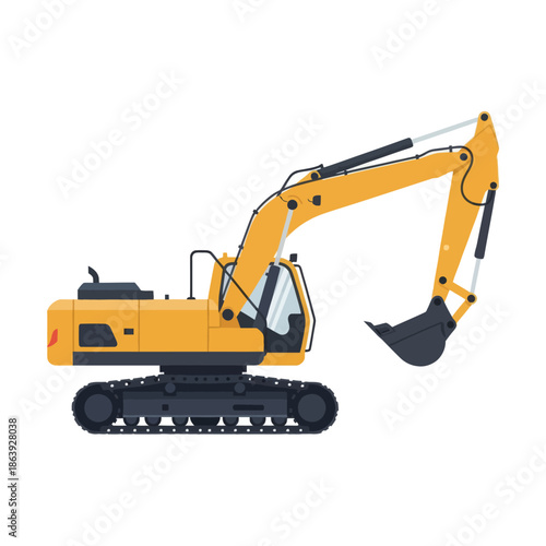 Yellow Excavator Construction Vehicle on Tracks, Heavy Machinery for Digging and Earthmoving