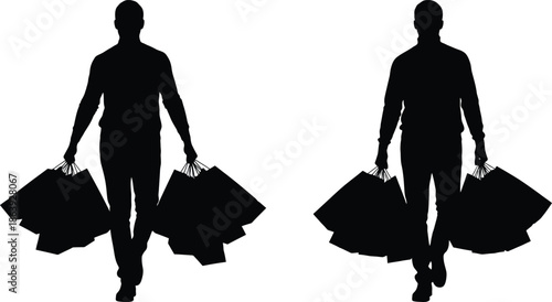 Two silhouettes of people walking with holiday shopping bags