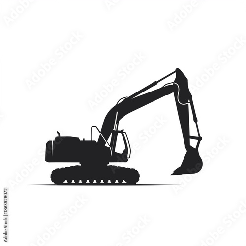 Silhouette of an excavator on a white background, construction vehicle, industrial machinery