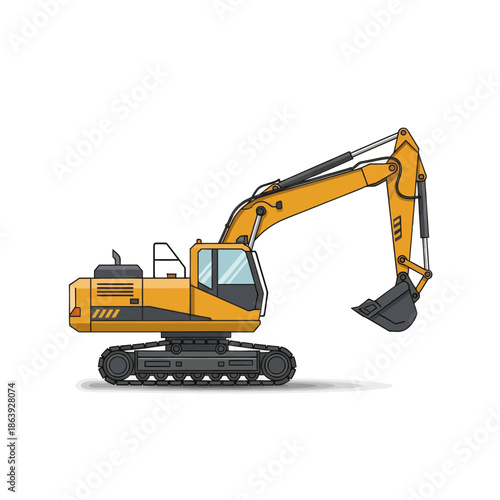 Yellow excavator machine on white background, construction vehicle, digger illustration