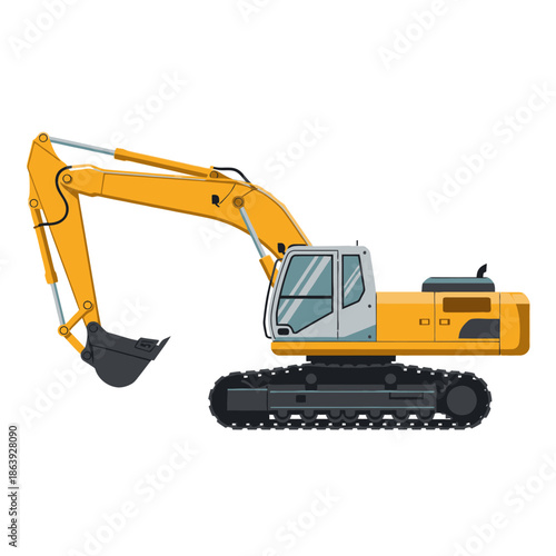 Yellow excavator on tracks, construction machine, industrial equipment, isolated on white