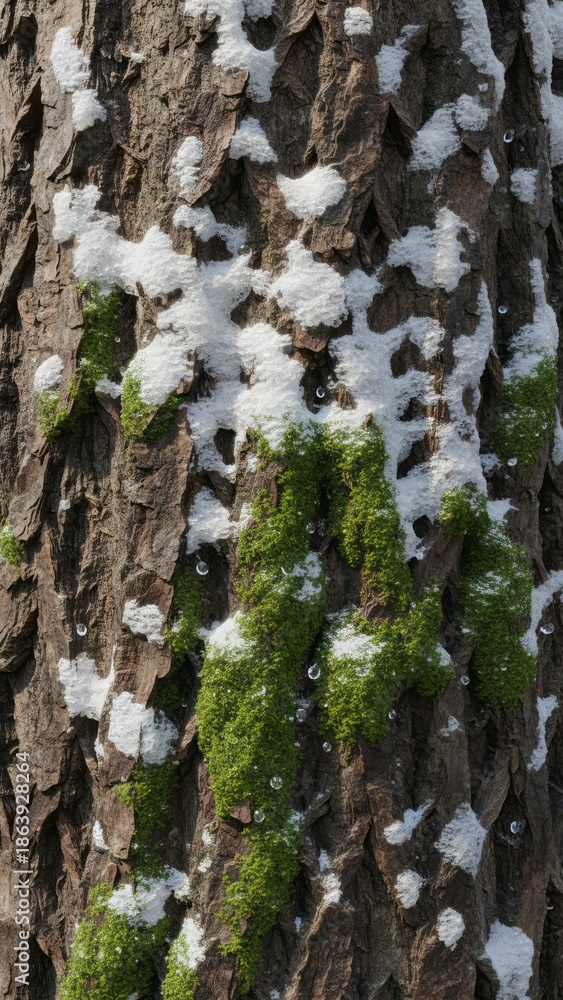 Obraz premium Moss and Snow on Tree Bark Nature Close-Up Textures. Concept featuring tree bark, moss, snow, nature, close-up.