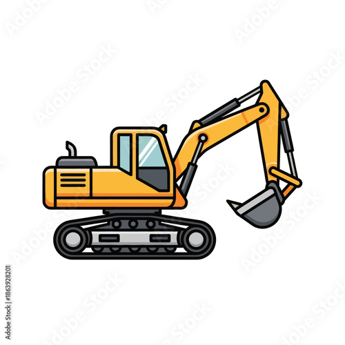 Yellow excavator construction machine, heavy equipment, digging, building industry vector illustration