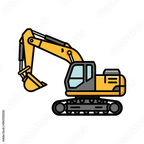 Yellow excavator with tracks on a white background, construction equipment illustration