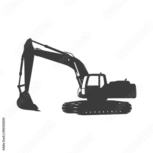 Silhouette of a modern excavator on a white background, construction equipment icon