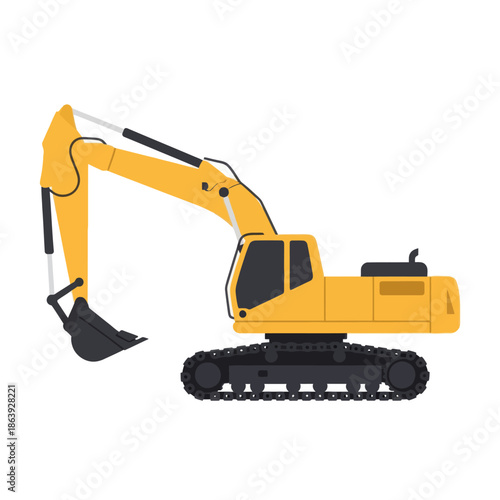 Yellow Excavator Construction Vehicle with Tracks on White Background