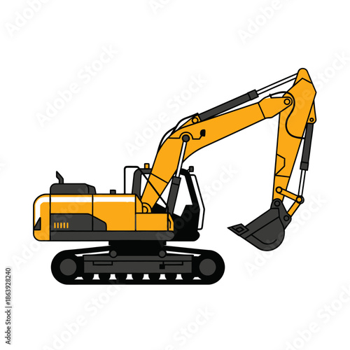 Yellow excavator on white background, construction machine, digging equipment, industrial vehicle