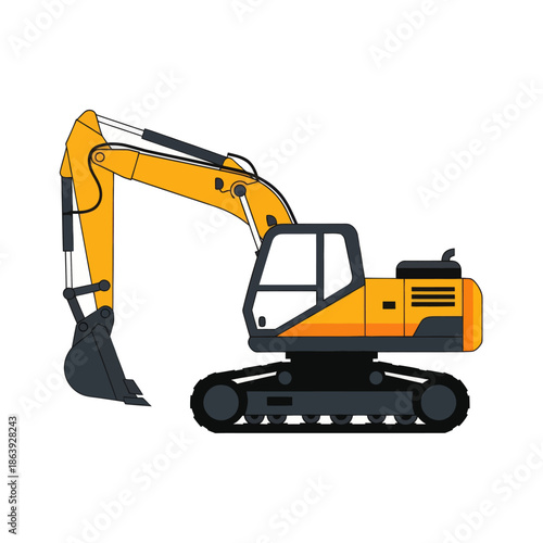 Yellow excavator on tracks, construction machine, digger, heavy equipment, industrial vehicle, isolated on white