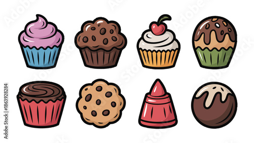 Delectable Sweet Treats: A delightful assortment of freshly baked cupcakes and cookies, each a miniature work of art, bursting with flavors and colors, perfect for a sweet indulgence.