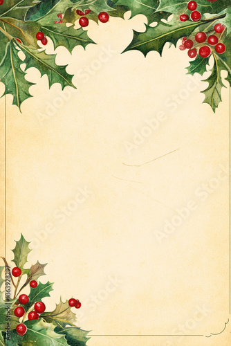 Vertical Christmas holly frame on parchment with empty space. Holiday stationery concept.