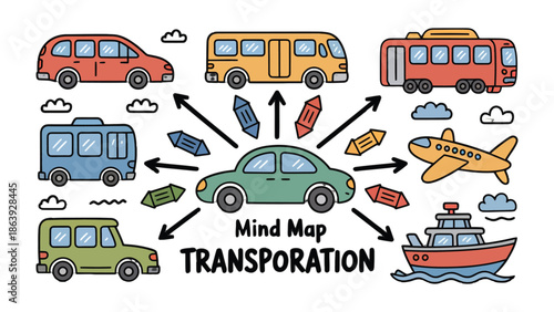 Transportation Mind Map: A vibrant illustration showcasing various modes of transportation radiating outwards, representing interconnectedness and travel exploration, including cars, buses, a boat.