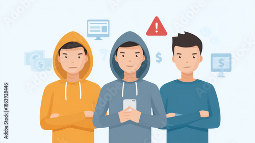 Three young men in hoodies discussing online security and alerts with a technological backdrop.