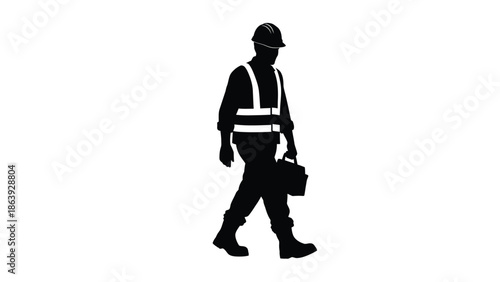 Silhouette of a construction worker wearing a hard hat and safety vest walking with a toolbox