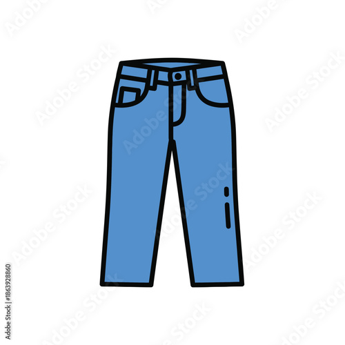 a simple cartoon illustration depicts a pair of classic blue denim jeans with a visible belt and pockets high quality