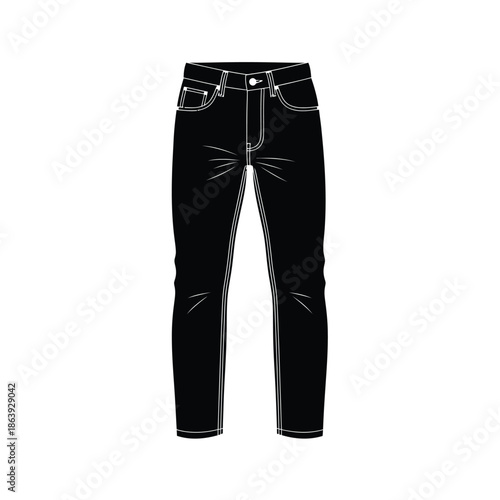 a black and white flat lay illustration of a pair of classic denim jeans with visible stitching details high quality
